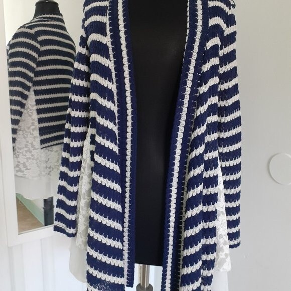 Signature Studio Open Front Striped Cardigan Contrasting White Floral Lace  S - Picture 3 of 7